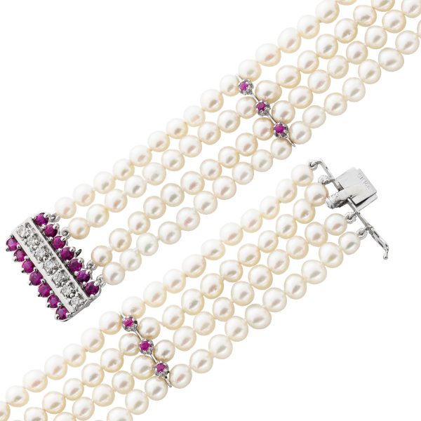 Armband – Perlenarmband japanische Akoyazuchtperlen Weißgold 585 7 Brillanten 0,63ct 14 Rubine 1,40ct