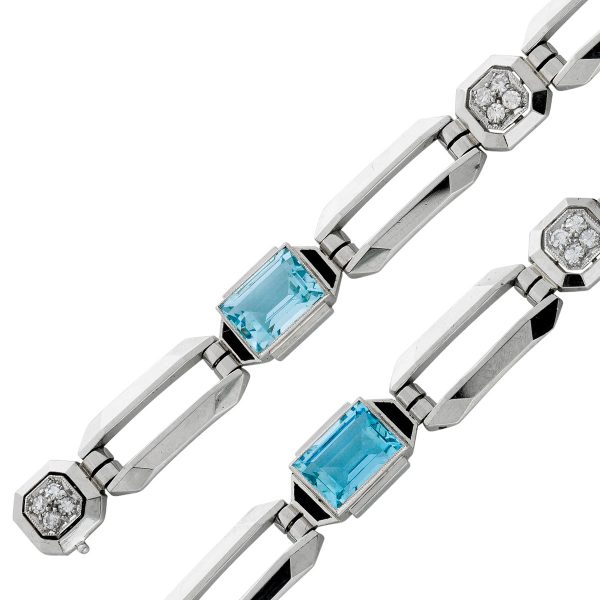 Armband – Edelsteinarmband Antik Weißgold 585 3 Aquamarine 12 Diamanten 0,25ct 8/8 TW/VSI