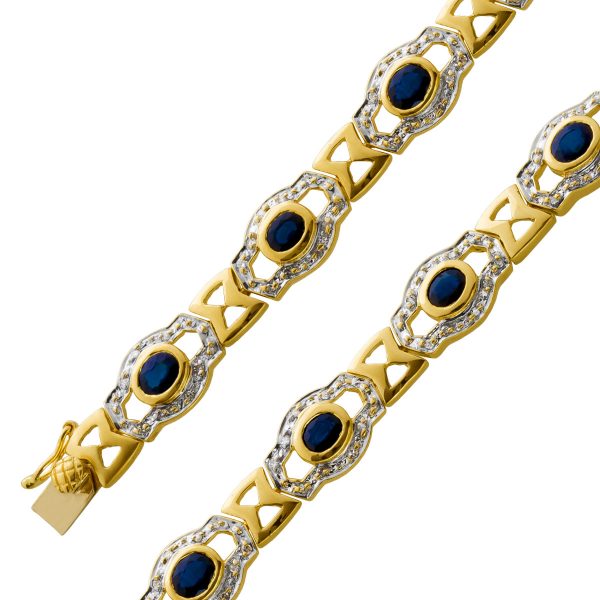 Antikes Saphir Armband Gelbgold 585 weisse Diamanten Blaue Edelsteine Kastenverschluss 19,5cm