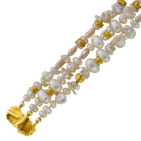 3-reihiges Biwaperlen Armband weiß-rosé Lapponia Look Schliesse Gelb Gold 585 Goldnuggets Zwischenelemente 20cm