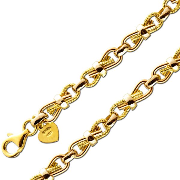 Armband 18 Karat Gelbgold Weißgold Breite 4,4mm 6,1 Gramm 19,5cm Karabiner Verschluss mit Herzanhänger Goldarmband