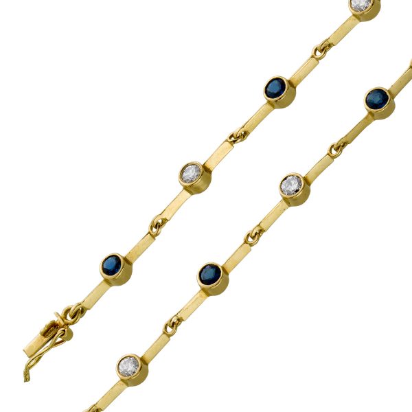 Brillant Saphir Armband 750 Gelbgold 18 Karat 750 5 Diamanten Brillantschliff Total 0,45ct W/I1 6 blau leuchtende Saphir Edelsteine Vintage um 1980 18cm Görg Zertifikat