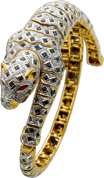 Panther Armband Gelbgold 750 Safire ca 11,50ct Diamanten 8/8 ca 2,8ct TW/VS, 19cm Designerschmuckstück Görg Zertifikat